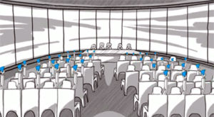 Das Bild zeigt als 2D Animation die IHK Vollversammlung bei der Abstimmung. Die Teilnehmer halten blau Karten in der Hand um Zustimmung zu signalisieren. Der Erklärfilm der Filmproduktion Karlsruhe mp-film für die IHK Berlin stellt dar wie die Vollversammlung der IHK funktioniert.